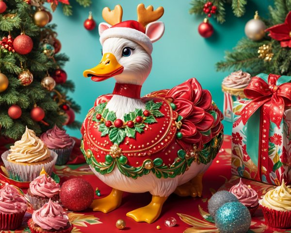 Ceramic Duck in Santa Hat Amidst Holiday Decorations