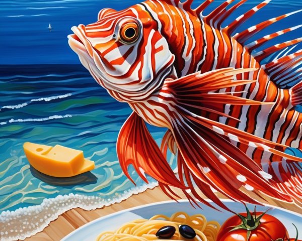 Seaside Scene with Colorful Fish and Spaghetti Dish