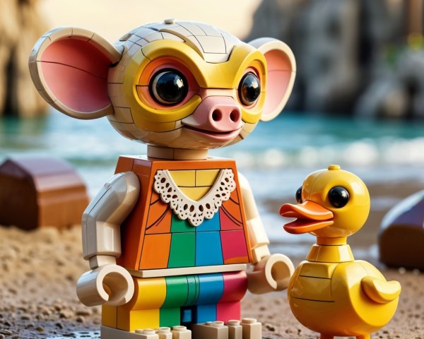 LEGO-Style Character and Duck at a Beach Scene