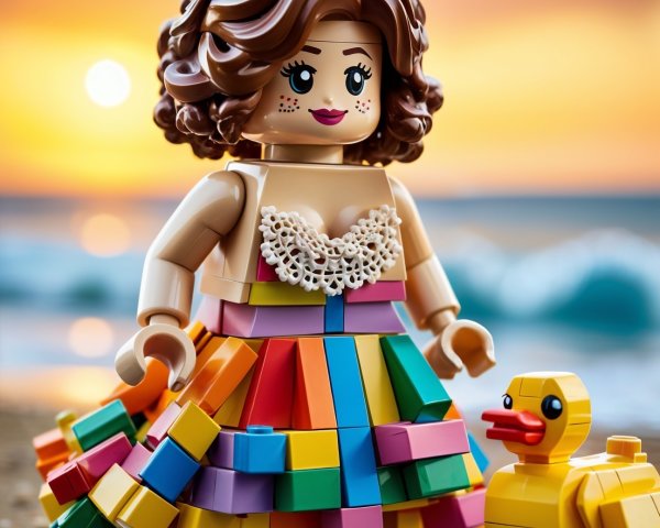 Vibrant LEGO Character at Sunset Beach Scene