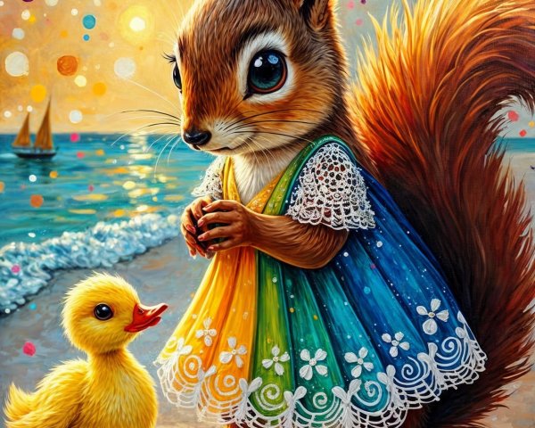 Whimsical Beach Scene with Squirrel and Duckling