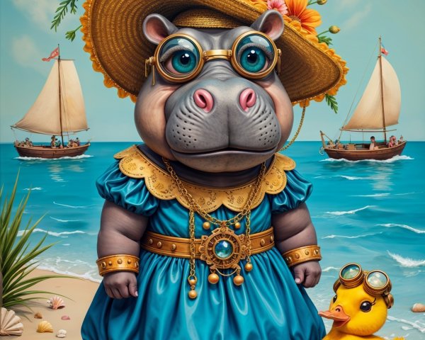 Whimsical Hippo in Beach Outfit with Duck and Sailboats