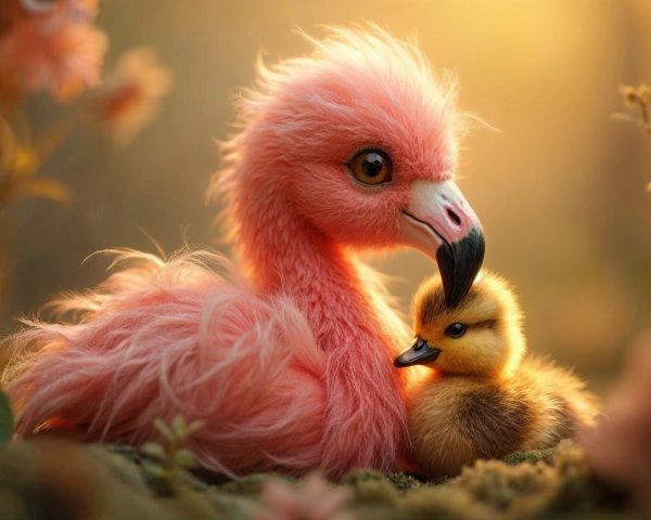Fluffy Flamingo and Duckling in a Floral Scene