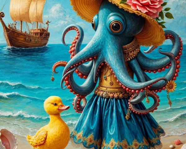 Whimsical Octopus in Dress on Beach with Duckling