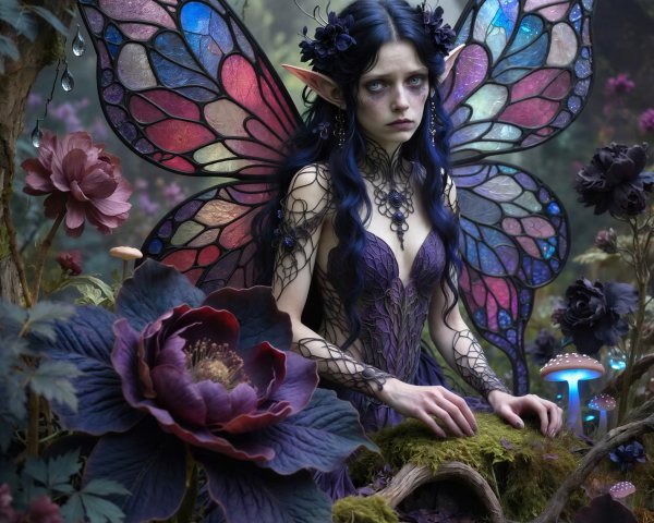 Gloomy Fairy with Colorful Wings in Mystical Forest