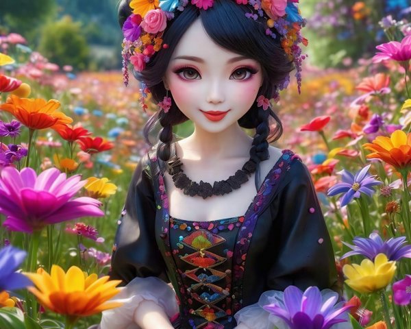 Portrait of a Young Woman in a Colorful Floral Setting