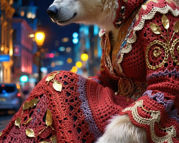 Cream-Furred Bear in Ornate Cape at Night Outdoors