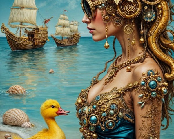 Woman in Blue Dress with Duck and Ships at Ocean Shore