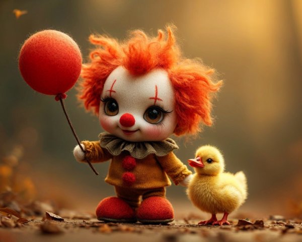 Whimsical clown doll and duckling in autumn setting