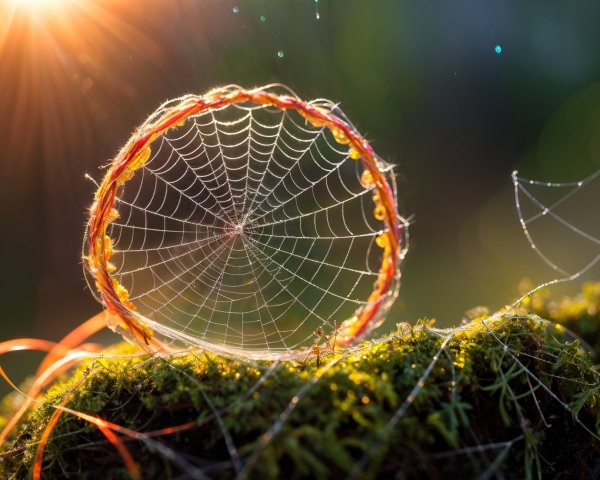 Dreamcatcher on Moss with Sunlight and Dewdrops