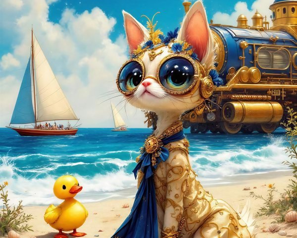 Futuristic White Cat with Gold and Blue Decorations