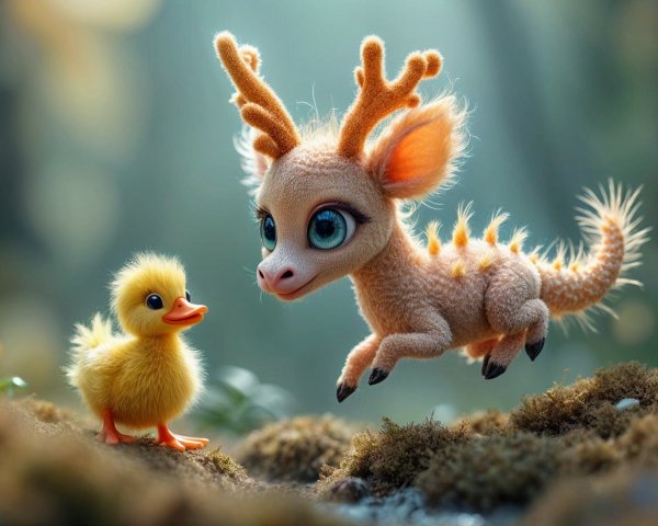 Whimsical Forest Scene with Fuzzy Creature and Duckling