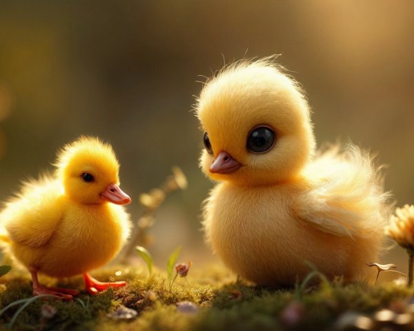 Fluffy Yellow Ducklings in Mossy Green Setting