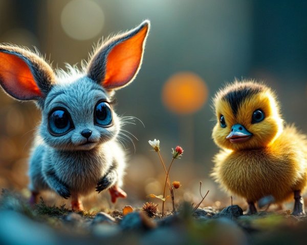 Cartoon Rabbit and Duckling in a Cheerful Scene