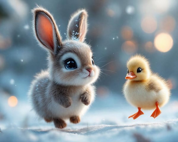 Digital Painting of a Bunny and Chick in Winter Wonderland