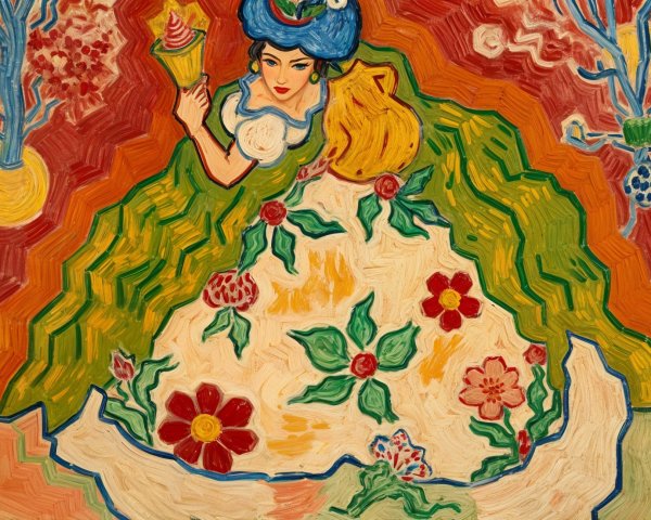 Vibrant Painting of Woman with Floral Dress and Ice Cream