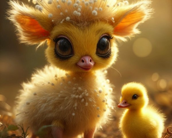 Whimsical Scene of a Fluffy Creature and Duckling