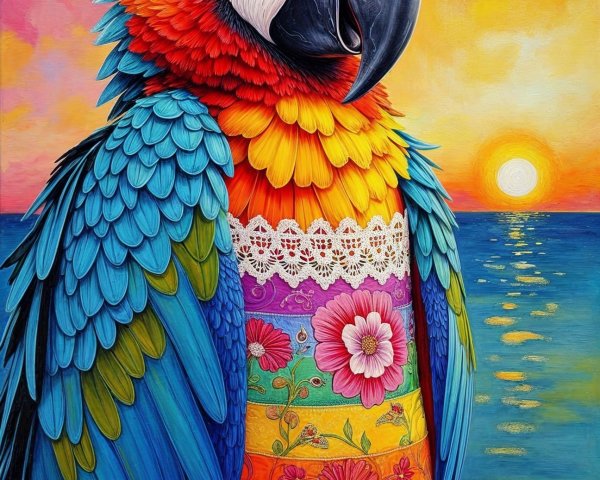 Colorful Parrot and Duckling at Sunset by Water