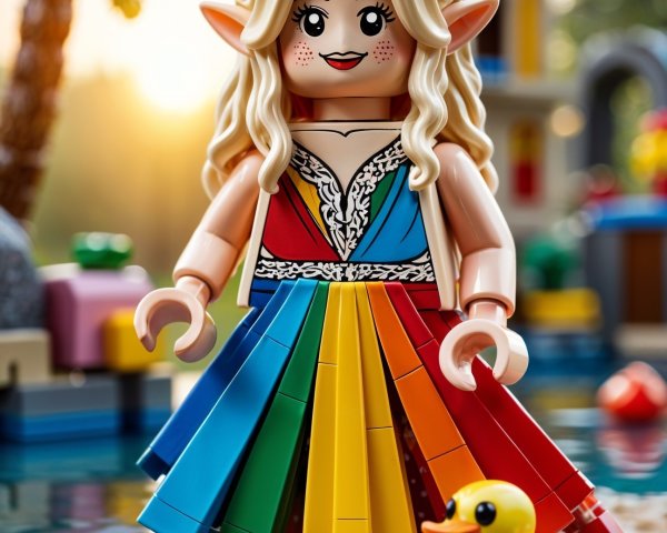 Lego Elf Figure by a Shimmering Pond with Duck