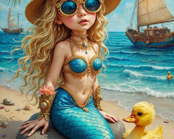 Whimsical Mermaid with Duckling on Sandy Beach