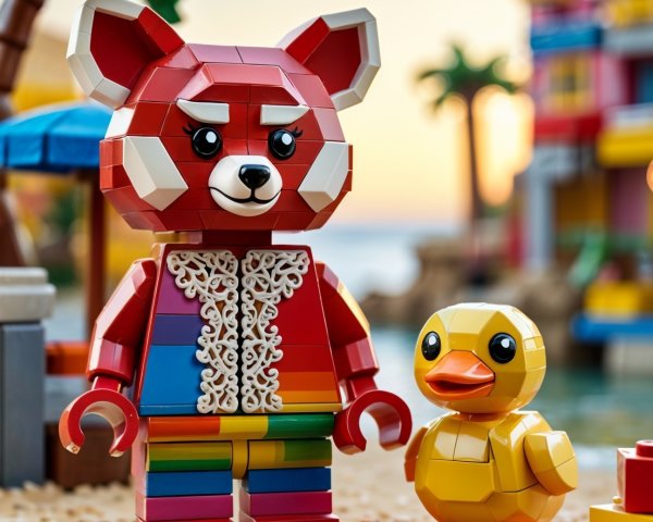 LEGO Red Panda and Duck in Vibrant Beach Scene