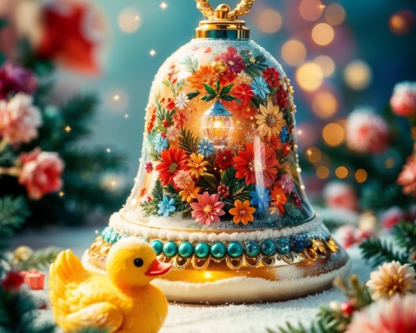 Decorative Glass Bell with Flowers in Snowy Setting