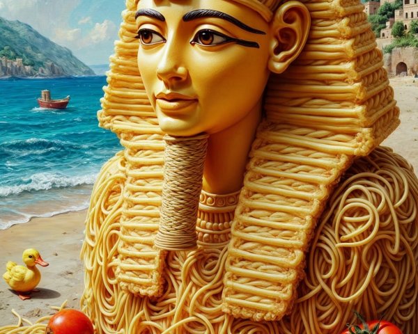Whimsical Pharaoh Sculpture with Pasta and Beach Scene