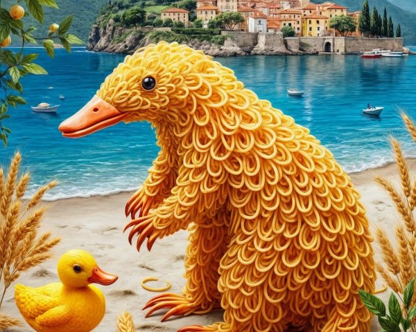 Whimsical Beach Scene with Pasta Creature and Produce