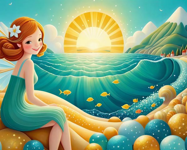 Cartoon Fairy on Beach with Ocean and Sunlit Waves