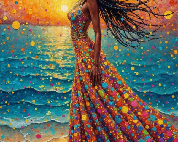 Woman in Polka-Dotted Dress by the Shore with Duck