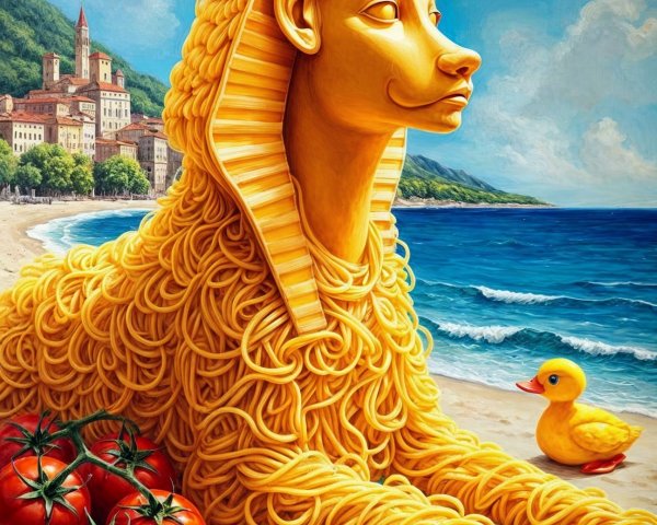 Surreal Scene with Pasta Sphinx and Beach Landscape