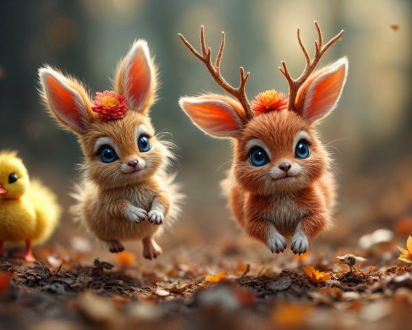 Whimsical Forest Scene with Playful Creatures