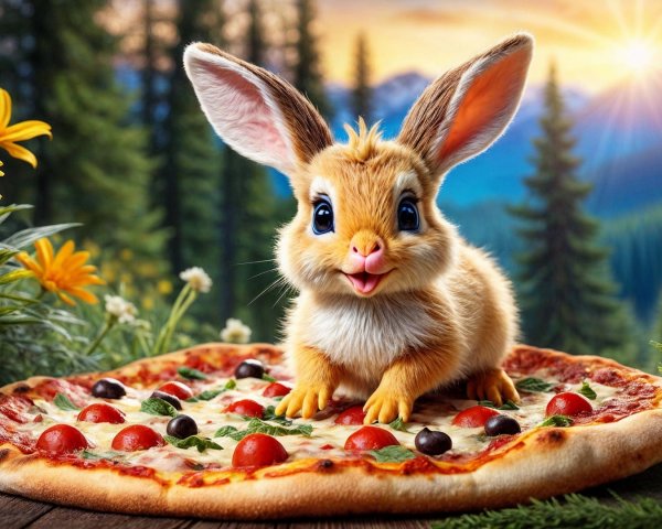 Cartoon Bunny on Pizza with Flowers and Mountains