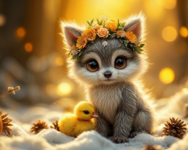 Fluffy Kitten with Flower Crown and Duckling in Snow