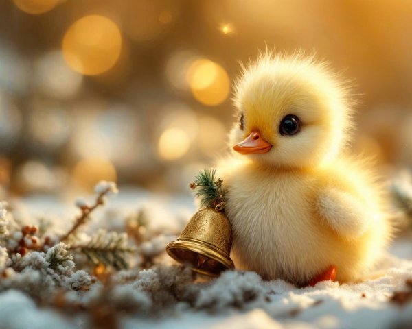 Fluffy Yellow Duckling in a Snowy Winter Scene