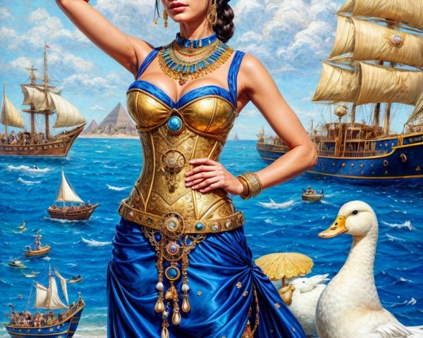 Elegant figure in blue gown by picturesque seaside
