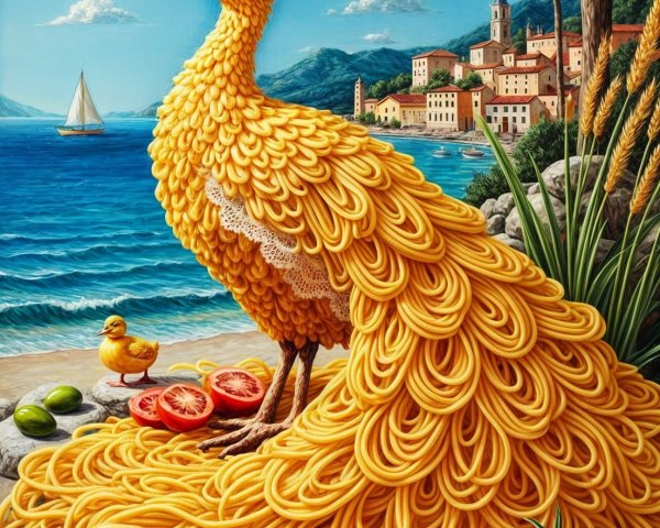 Whimsical Peacock with Spaghetti Plumage on Beach