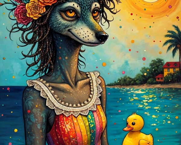 Anthropomorphic fox in floral crown by the shore