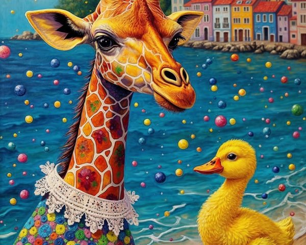 Colorful Giraffe and Duckling in Seaside Town Scene