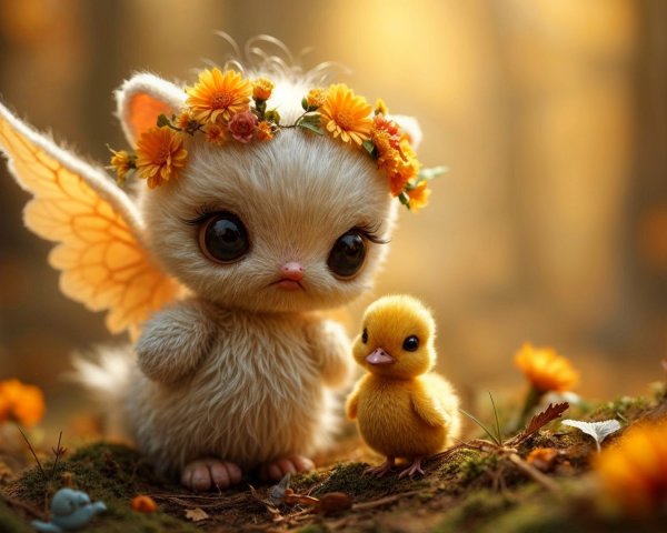 Whimsical Forest Scene with Fluffy Creature and Duckling