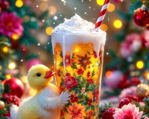 Cheerful Duckling with Festive Drink in Holiday Setting