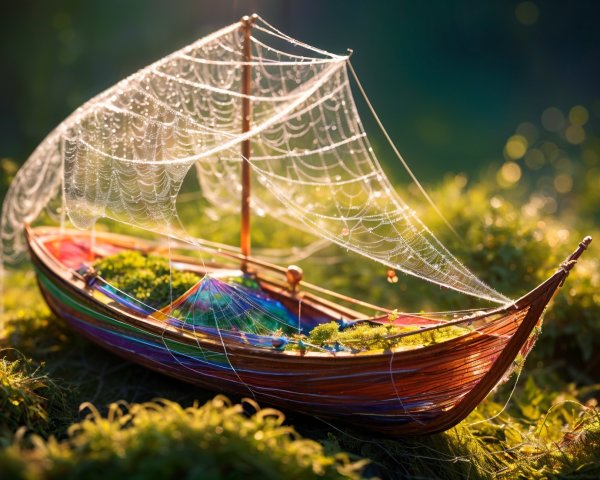 Miniature Boat on Greenery with Spider Webs and Dew
