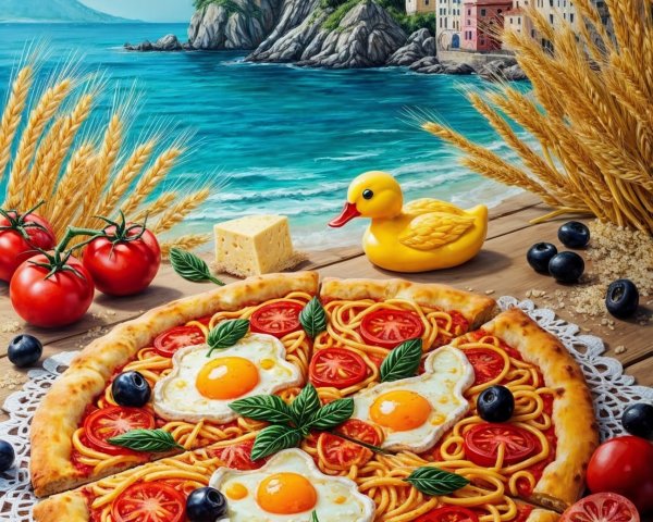 Whimsical pizza with unique toppings in coastal setting