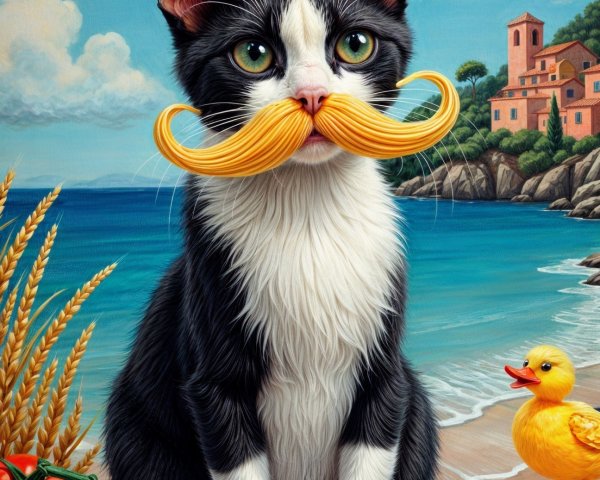 Black and white cat with yellow mustache by seaside