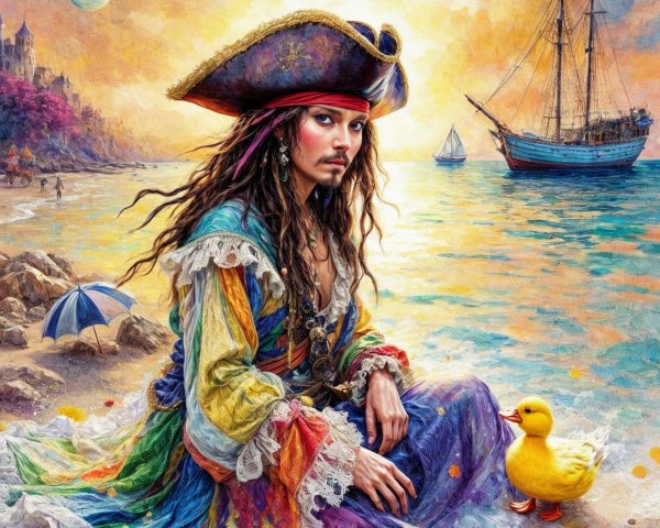 Whimsical Pirate on Colorful Beach at Sunset