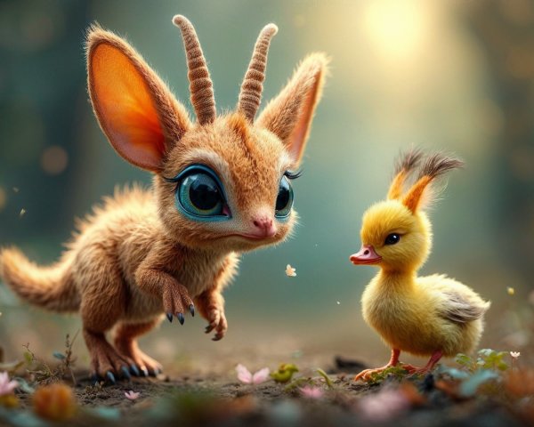 Whimsical Forest Scene with Cute Creature and Duckling