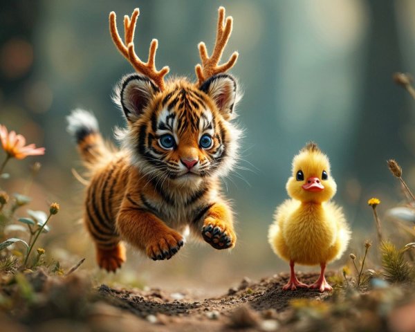 Playful tiger cub and duckling in vibrant forest scene