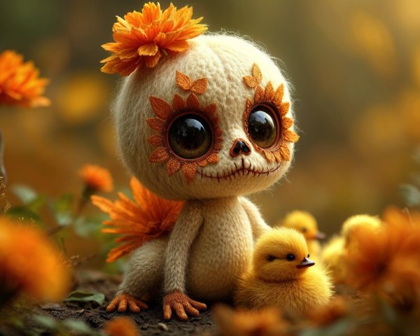 Whimsical Character Surrounded by Autumn Flowers