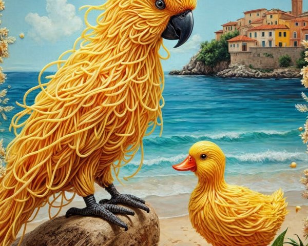 Whimsical Beach Scene with Pasta-Inspired Creatures