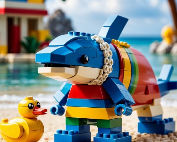 Colorful LEGO Dolphin and Rubber Duck on Beach Scene